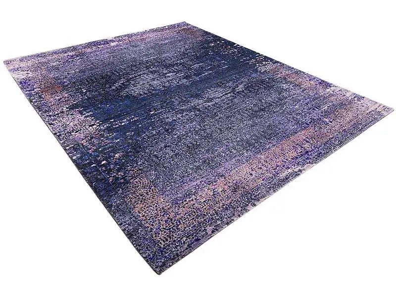 Designer rug 300x246 cm, square-looking view: blue-gray with purple-beige traces