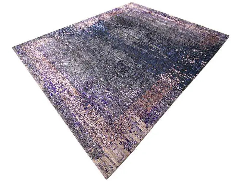Designer rug 300x246 cm, diagonal view: gray and dark blue with purple-beige color accents