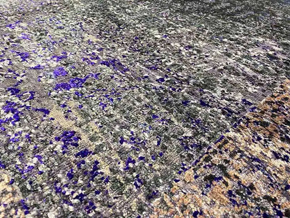 Designer rug 300x246 cm in shades of gray with numerous blue-violet dots and a marled texture