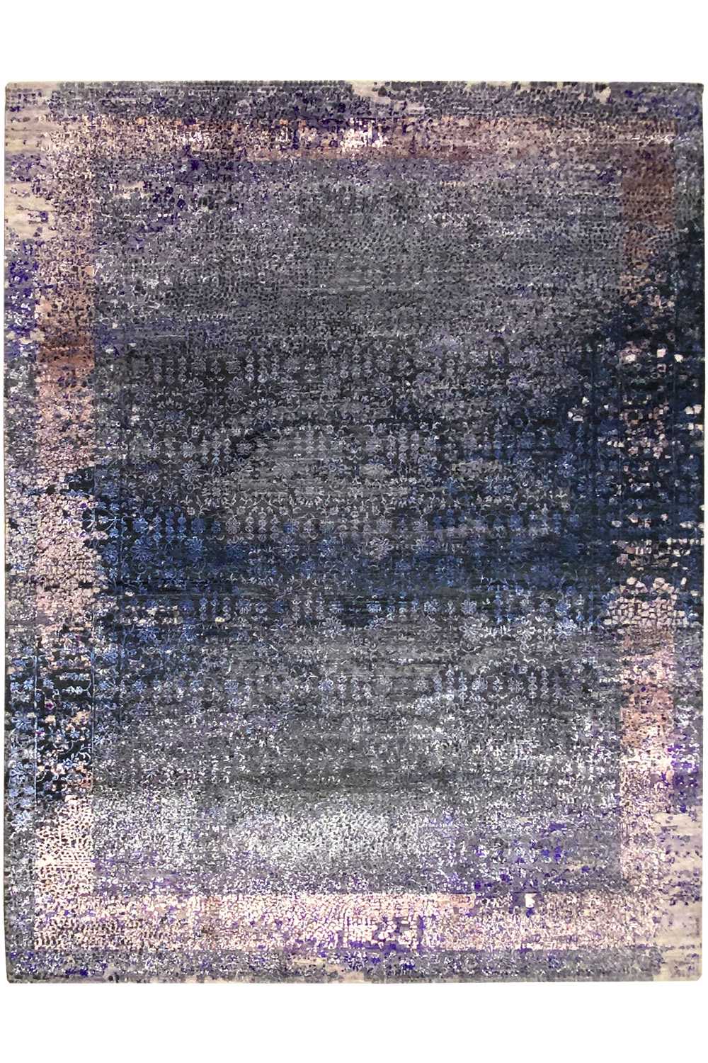 Designer rug 300x246 cm: flat patterned field with gray, dark blue, and purple dots