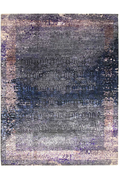 Designer rug 300x246 cm: flat patterned field with gray, dark blue, and purple dots