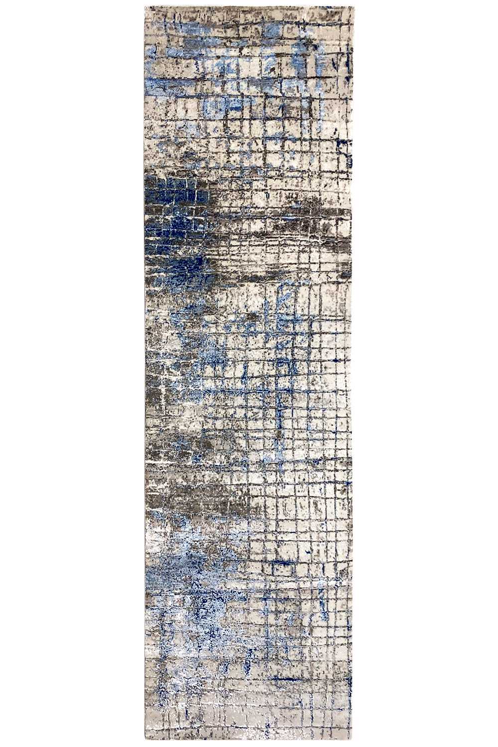 Portrait-oriented rug with a large-scale grid pattern and blue accents