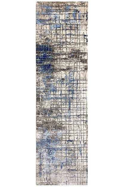 Portrait-oriented rug with a large-scale grid pattern and blue accents