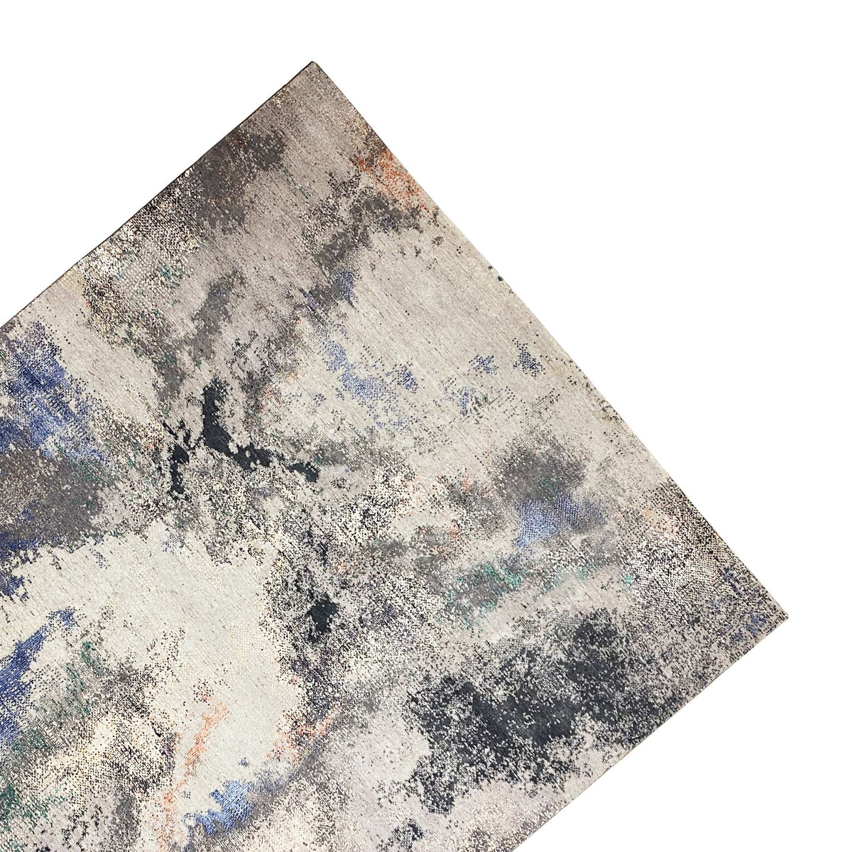 Abstract designer rug with an abstract pattern, predominantly beige/gray with shades of blue