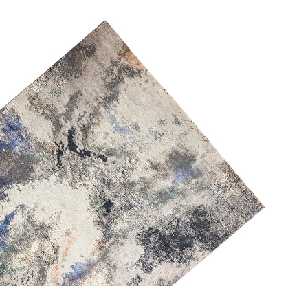 Abstract designer rug with an abstract pattern, predominantly beige/gray with shades of blue