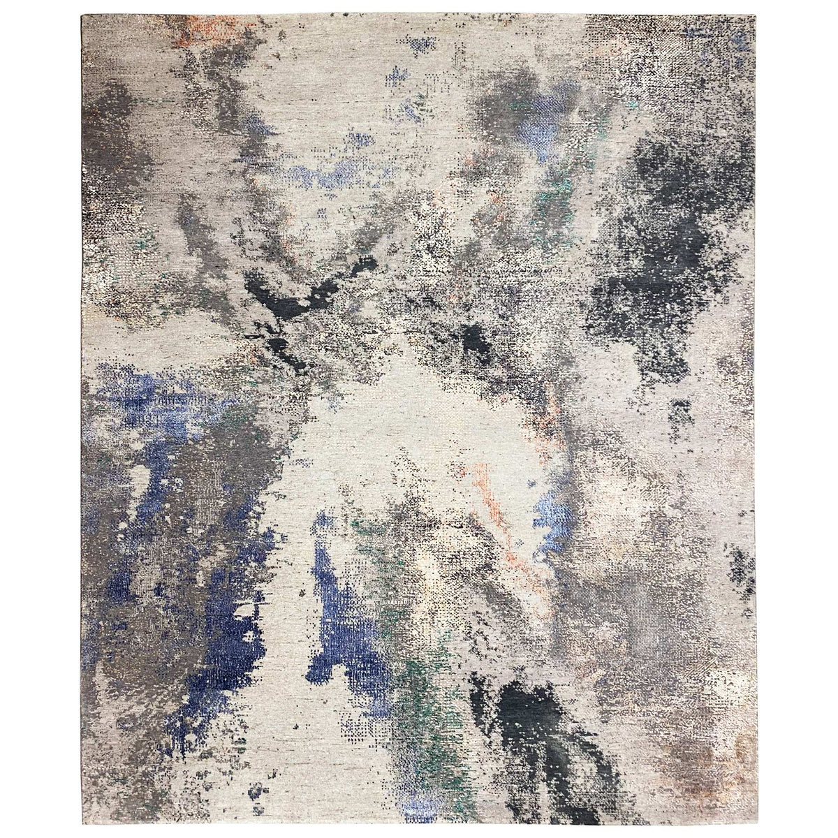 Abstract designer rug: abstract pattern in beige, gray, and blue (291x244 cm)