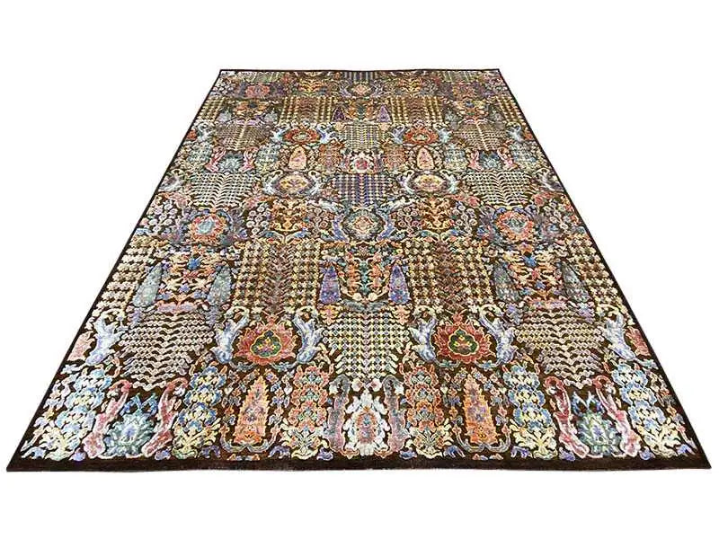Rug with an ornate border and medallion pattern, multicolored on a dark brown background.