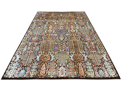 Rug with an ornate border and medallion pattern, multicolored on a dark brown background.