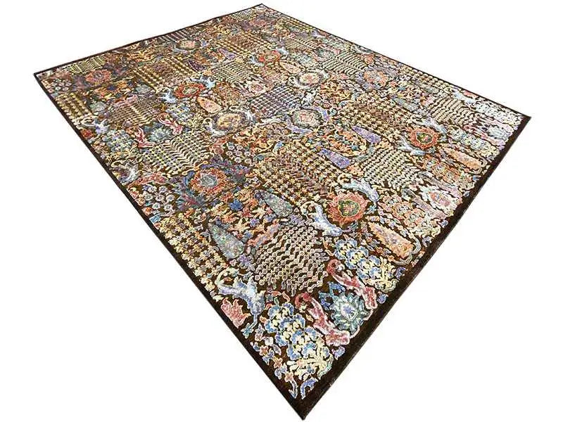 Rectangular rug with an oriental-style medallion pattern, multicolored and dark brown.