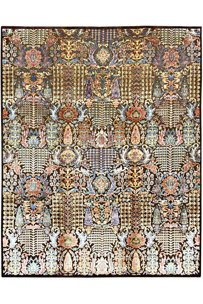 Rug with a symmetrical ornamental pattern and decorative border, multicolored on a dark brown background.