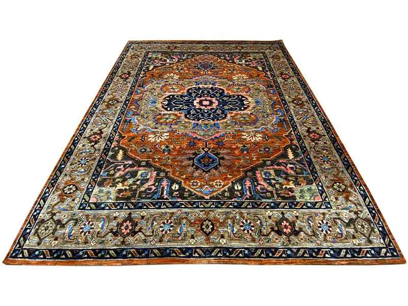 Rectangular rug with a central medallion, copper, blue and beige, dark border