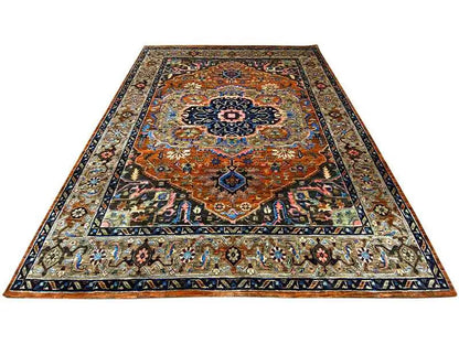 Rectangular rug with a central medallion, copper, blue and beige, dark border