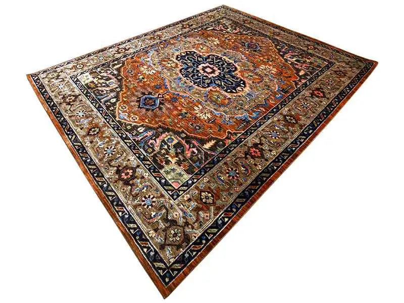 Rug with a central ornamental medallion, orange-brown ground, and blue decorative border
