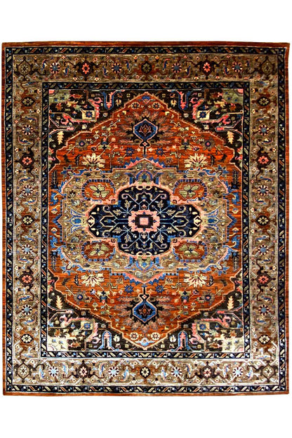 Rug with a large central medallion, copper-red ground, blue ornamentation and border
