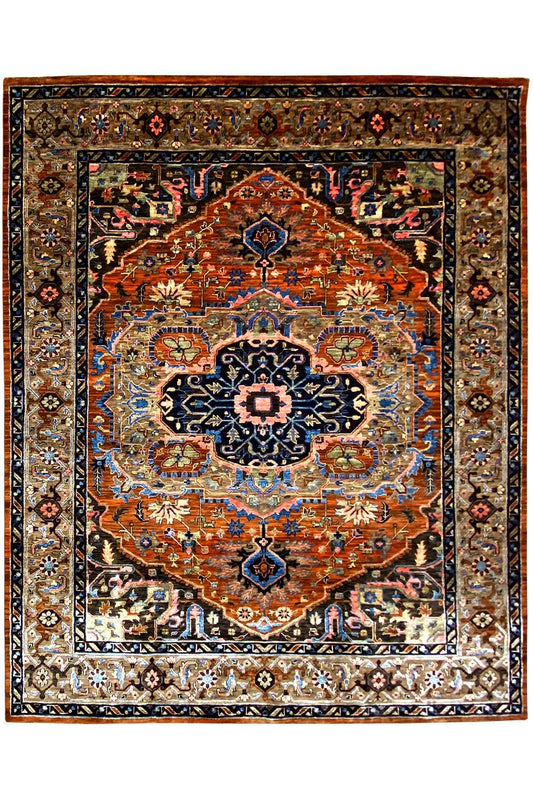 Rug with a large central medallion, copper-red ground, blue ornamentation and border