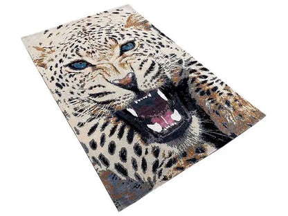Designer rug with lion head motif, beige pile, blue eyes and dark beard area