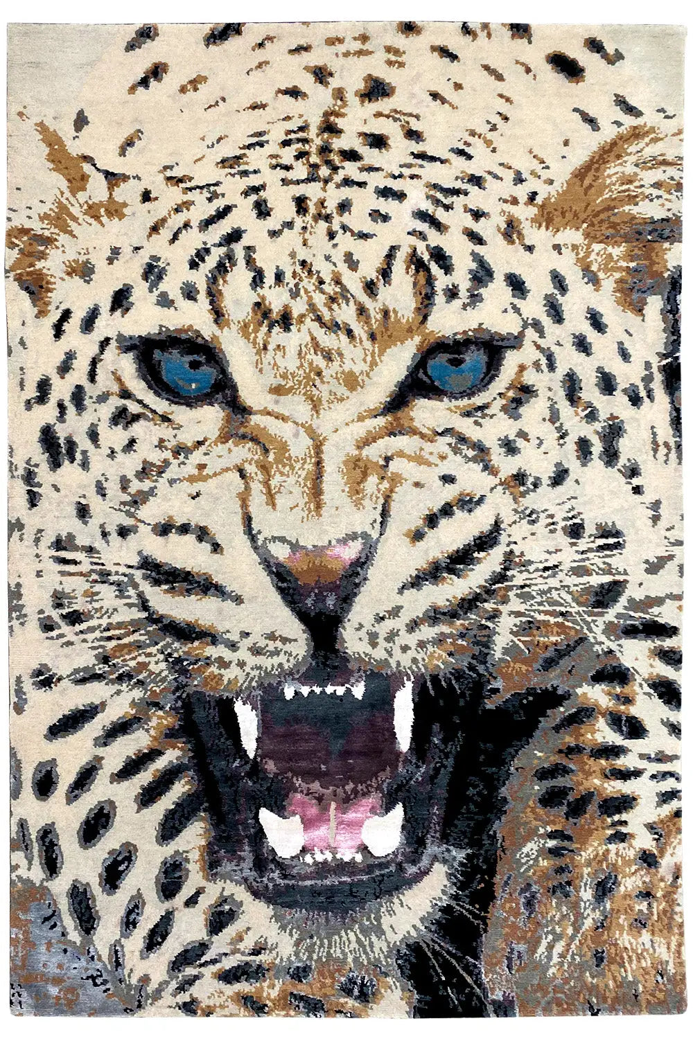 Designer rug with a lion's head motif, beige pile, blue eyes, dark outlines