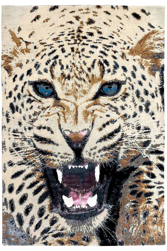 Designer rug with a lion's head motif, beige pile, blue eyes, dark outlines