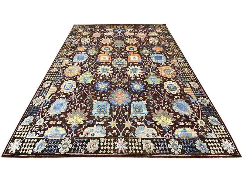 Designer rug, rectangular, dark background with blue-brown medallions