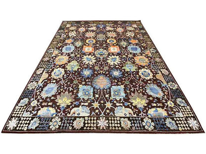 Designer rug, rectangular, dark background with blue-brown medallions