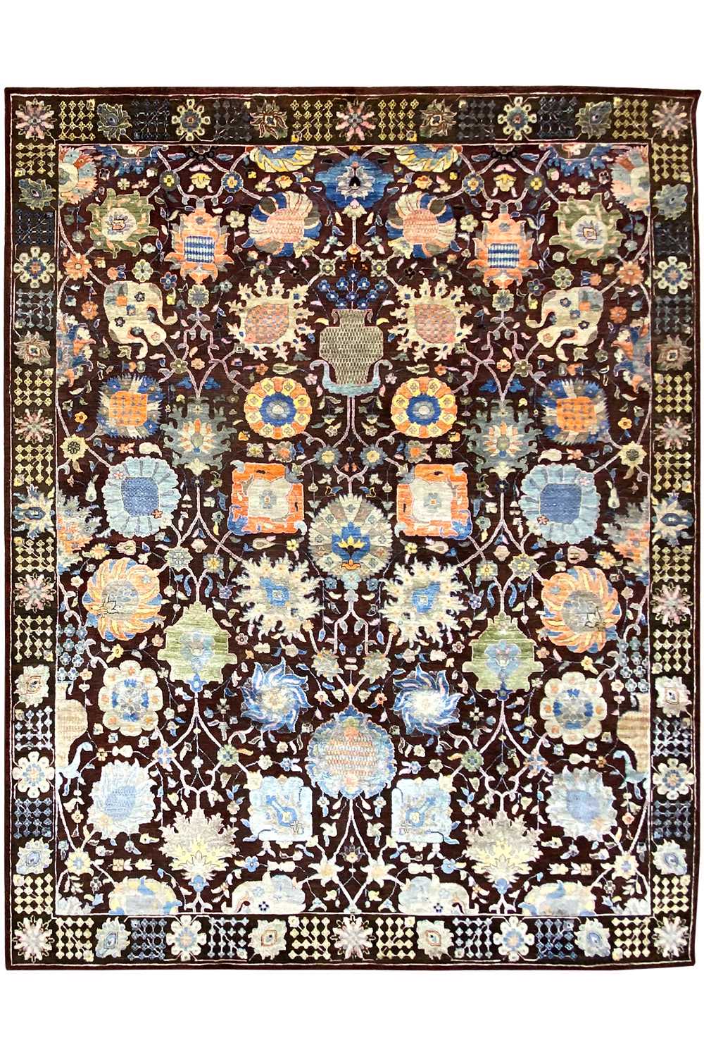 Designer square rug with an ornamental medallion pattern in blue, cream, and brown