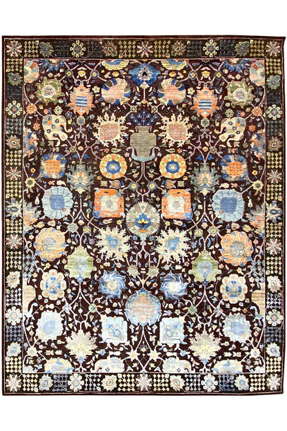 Designer square rug with an ornamental medallion pattern in blue, cream, and brown
