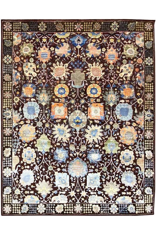 Designer square rug with an ornamental medallion pattern in blue, cream, and brown