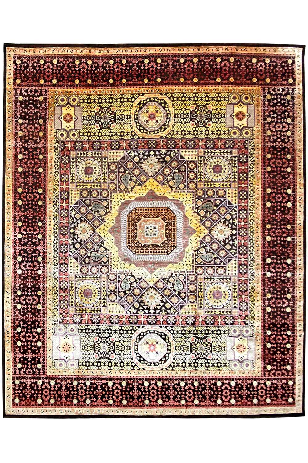 Rug with a central medallion and surrounding patterned border in red, beige, and black