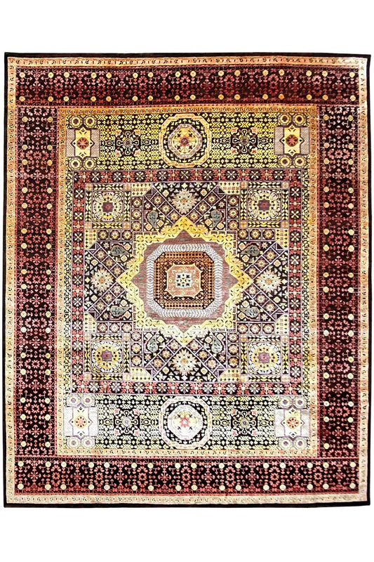 Rug with a central medallion and surrounding patterned border in red, beige, and black