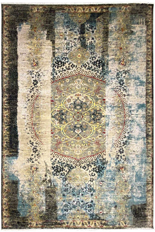 Designer rug with a medallion pattern in blue, beige and dark brown, rectangular