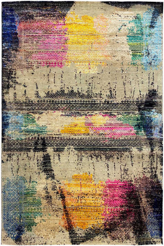 Designer rug 240x171 cm with an abstract pattern in beige, pink, blue, and yellow