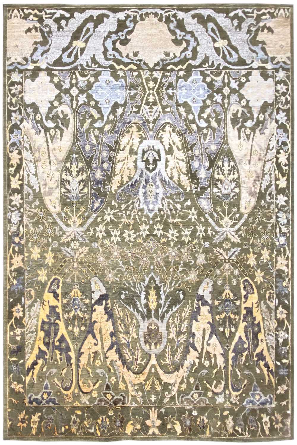 Designer rug with an ornate vintage pattern in cream, dark brown, and blue