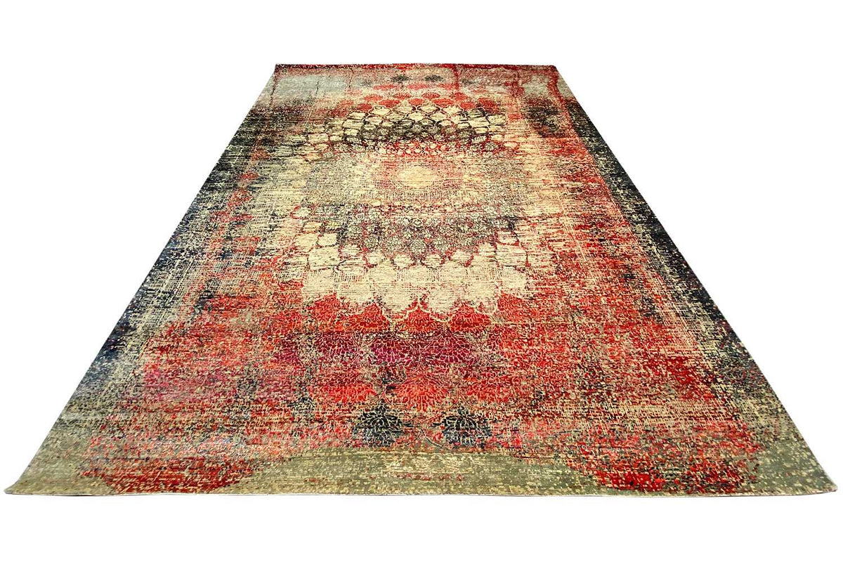 Designer rug 368x277 cm, abstract all-over pattern in shades of red and beige with dark accents