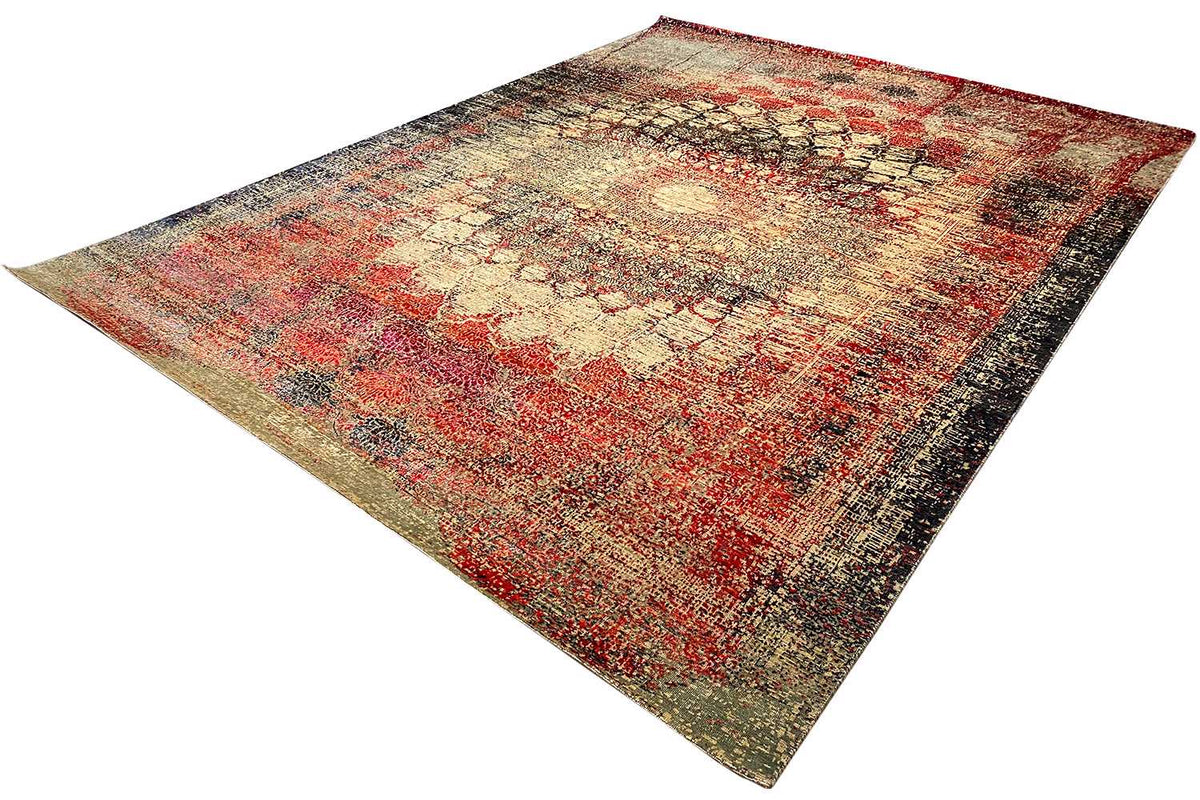 Designer rug 368x277 cm with a geometric, faded-looking pattern in red, cream, and black