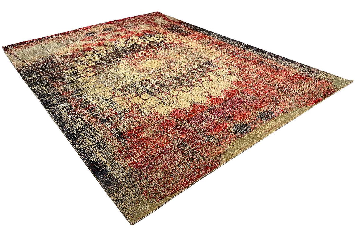 Designer rug 368x277 cm, rectangular design with a pattern in red, beige, and dark gray