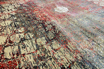Designer rug 368x277 cm close-up: abstract pattern with circles and lines in red and gray