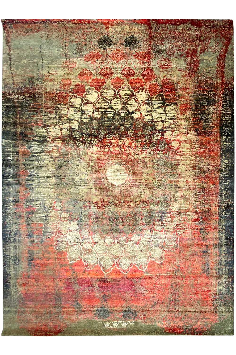 Designer rug 368x277 cm with an abstract pattern in red, beige, gray, and dark brown