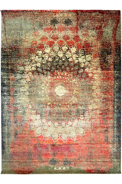 Designer rug 368x277 cm with an abstract pattern in red, beige, gray, and dark brown