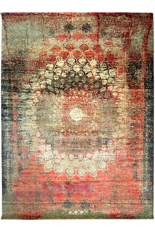 Designer rug 368x277 cm with an abstract pattern in red, beige, gray, and dark brown