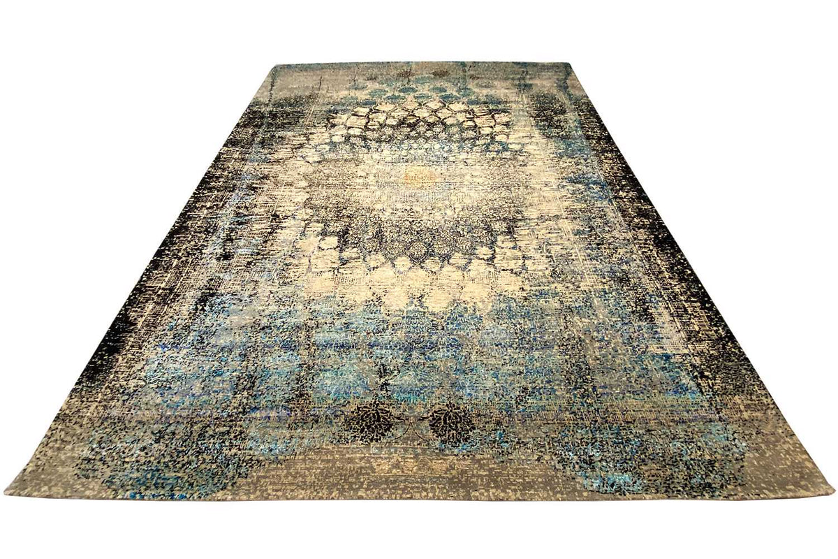 Rectangular designer rug with an abstract runner design, beige and blue in the pattern