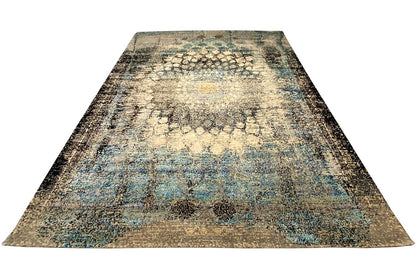 Rectangular designer rug with an abstract runner design, beige and blue in the pattern
