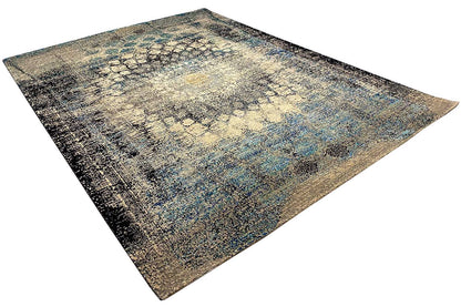 Designer rug with a geometric vintage look, beige and blue, rectangular