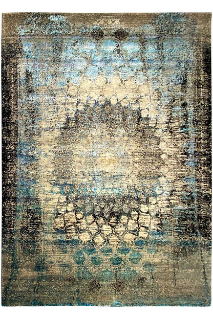 Designer rug with an abstract pattern in beige, blue, and dark tones, rectangular
