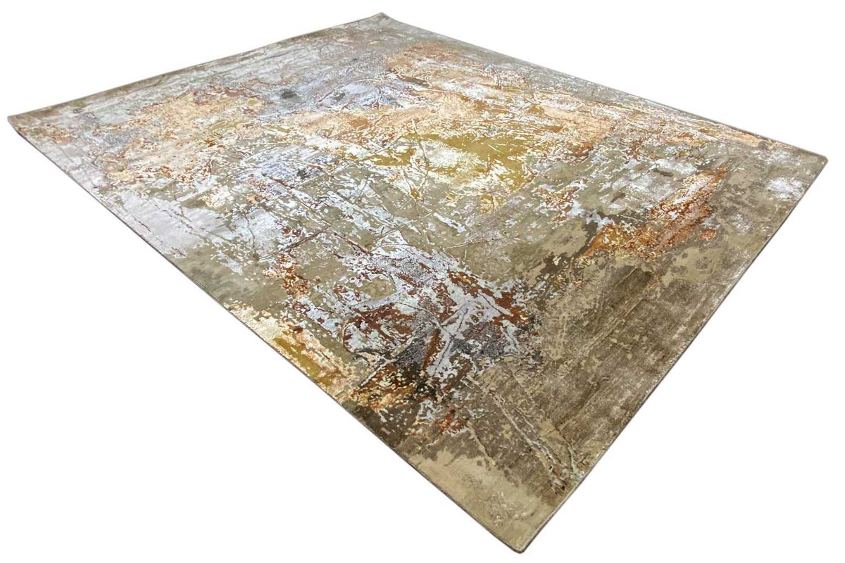 Designer rug 308x252 cm, rectangular, abstract color blocks in gray, beige, and brown