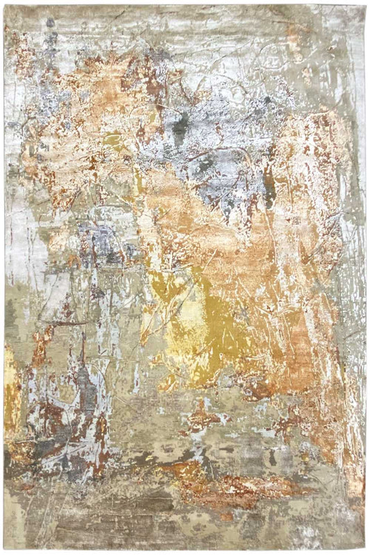 Designer rug 308x252 cm with an abstract vintage pattern in beige, gray, and brown