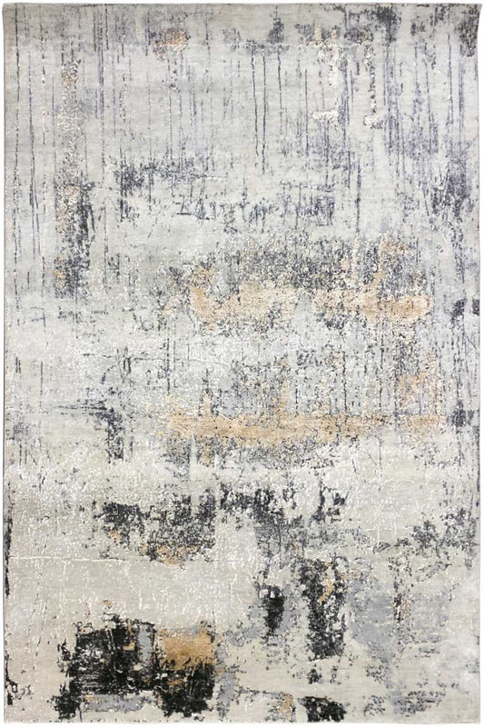 Rectangular designer rug with an abstract pattern in light beige, gray, and black