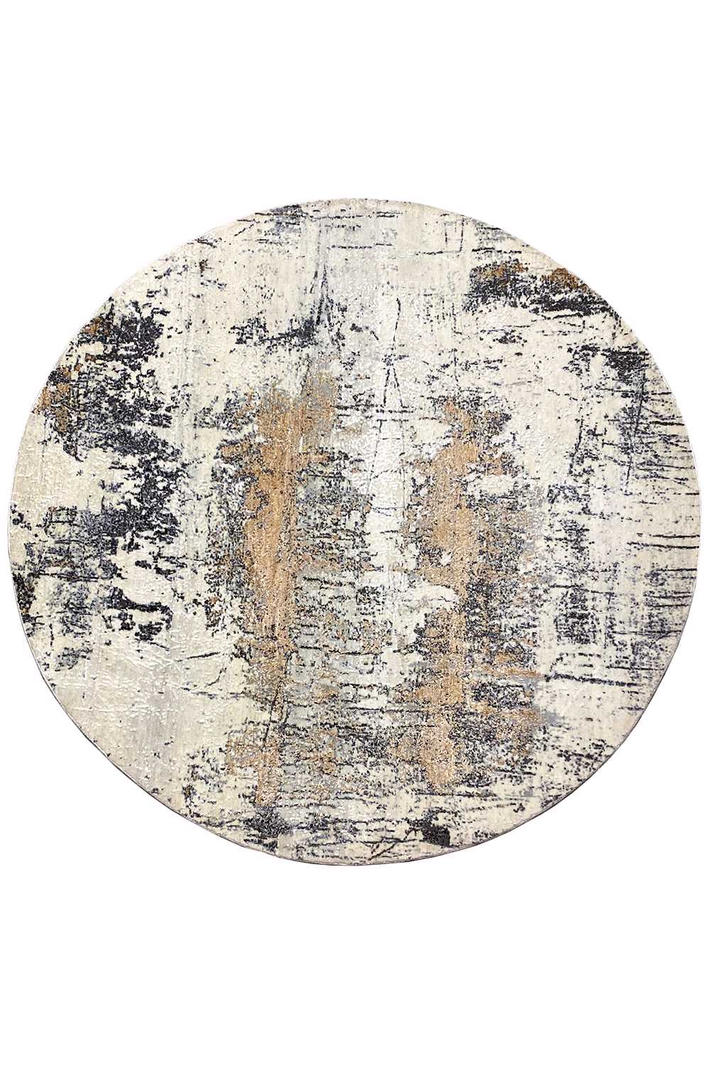 Round designer rug 201x201 cm with an abstract vintage pattern, beige and blue