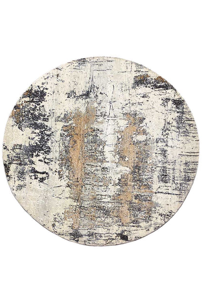 Round designer rug 201x201 cm with an abstract vintage pattern, beige and blue