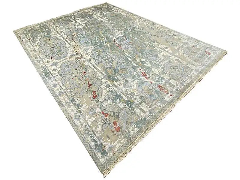 Designer rug with a diamond pattern, diagonal view, in gray and beige with red accents