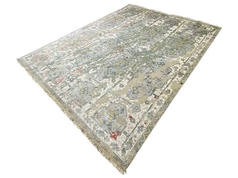 Designer rug in a triangular view, highly detailed ornamental pattern in gray and beige